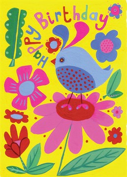 Birthday Bunny Bird with Flowers card by Belinda Reynell Designs. A really bright summery birthday card full of flowers. Perfect for a summer birthday party or brightening someone's gloomy day.