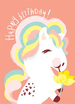 White Pony With Yellow Flower, by Noi. Did you know that the national animal of Scotland is a unicorn!? The more you know? Send this super sweet unicorn card to add a splash of cuteness on their birthday.