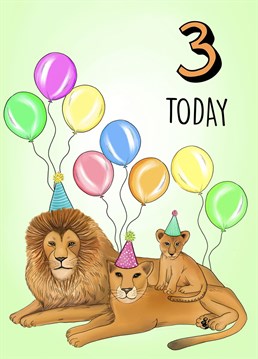 Send this adorable vibrant birthday card to a loved one on their 3rd Birthday! Beautiful hand drawn illustration of a lion family in party hats with balloons.