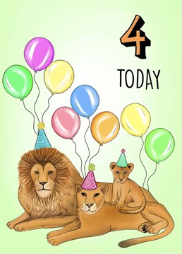Send this adorable vibrant birthday card to a loved one on their 4th Birthday! Beautiful hand drawn illustration of a lion family in party hats with balloons.