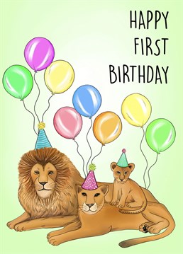 Send this adorable vibrant birthday card to a loved one on their 1st Birthday! Beautiful hand drawn illustration of a lion family in party hats with balloons.