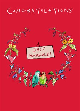 These two love birds have officially flown the nest! Congratulate the happy couple with this cute wedding design by Poet & Painter.