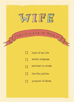 'Wife Certificate of Merit' Greetings Card by Poet and Painter.     Blank Inside     150mm x 150mm