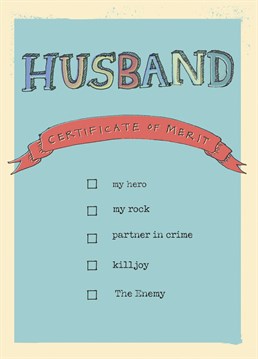 'Husband Certificate of Merit' Greetings Card by Poet and Painter.     Blank Inside     150mm x 150mm