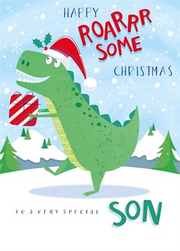 Send Roarsome Christmas wishes to a special son with this dinosaur card by Paperpitt
