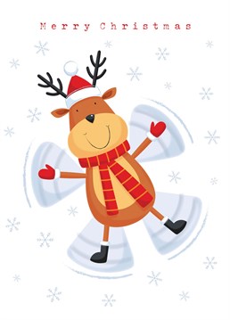 Wish anyone you know a Merry Christmas with this jolly reindeer snow angel card designed by Paperpitt