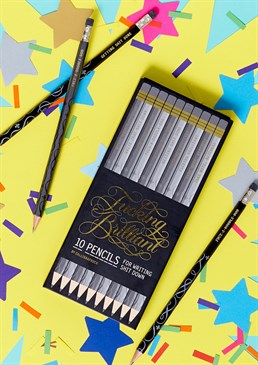 10 x graphite eraser-topped pencils.  For writing and shit.  5 gold foiled humourous phrases.  Standard HB/No. 2.  Pack dimensions:&nbsp;. There's nothing like a bit of inspirational profanity to get shit done and be fucking brilliant! You'll feel hella fancy and important every time you write something using these gold foiled graphite pencils.&nbsp; The next time someone asks to borrow a pencil, give them a giggle and a bit of motivation thrown in! Whatever you're writing will instantly sound 10x better, and even if it doesn't you can quickly rub it out. You'll not need to scrabble around searching for a plain and boring pencil again! The set includes 5 different designs such as &ldquo;Fuck-a-doodle-do&rdquo; and &ldquo;Take note, bitches!&rdquo; This would make an inspired present for a student, or any adult with a wicked sense of humour.&nbsp;