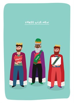A modern day Christmas card featuring the 3 Wise Men and their thoughtful gifts.