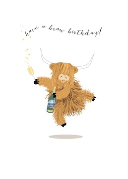 Send this cheeky wee character holding bottle of bubbly to someone who loves highland cows (who doesn't!) Design by Pink Pig