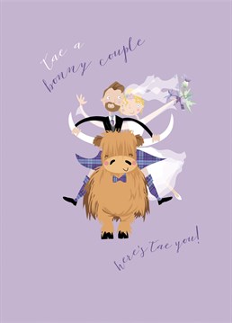 The perfect card for a Scottish couple on their Wedding Day! Make them smile with this cute kilted groom and his bride on a cheeky Highland Coo! Design by Pink Pig