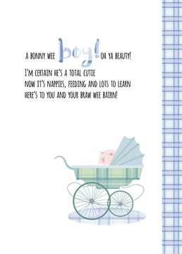 Welcome the wee yin into the world with this fun Scottish design complete with blue tartan and fun rhyme . Design by Pink Pig