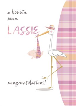 Welcome the wee one into the world with this Scottish Bonnie Lassie baby card. Designed by Pink Pig