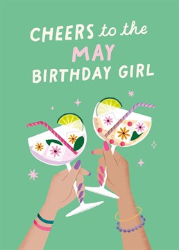 'Cheers To The May Birthday Girl!' Send this cute birthday card to your pal born in May! Designed by Studio Mads.