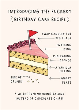 Introducing 'The F*ckboy Birthday Cake recipe'! Wish your friend a Happy Birthday, or Galentines, or Just Because with this funny card from Pickled Post.