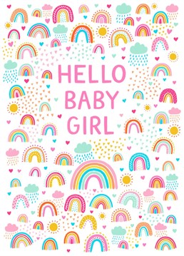 Send this sweet, rainbow patterned card to anyone who has just welcomed a brand new baby girl into their lives.
