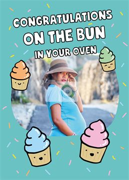 Oven time: 9 months!? But it's all worth it when you get something sweet out of it in the end! Congratulate a Mum-To-Be with this cute photo upload Baby Shower card by Scribbler.