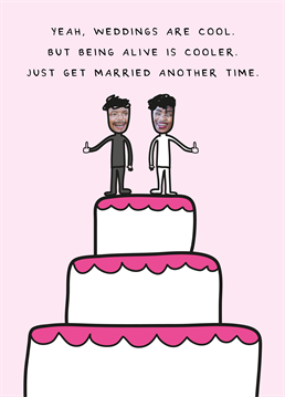 A noble sacrifice to postpone the happiest day of their lives but understandable under the circumstances! Cheer them up with this funny photo upload Wedding card by Scribbler.