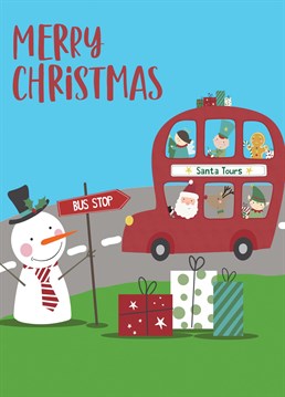 Join Santa on his new tourist attraction at the North Pole, Santa Tours. This Christmas card is adorable for the young people in your life.