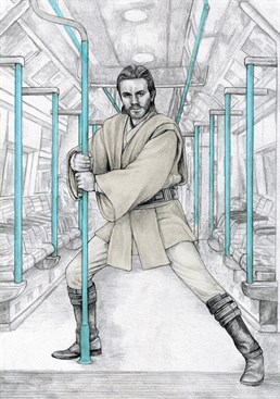 Vvvvuuumm vuummm, Obi Wan getting in some lightsabre practice while riding the tube. Get this Birthday card for that Star Wars fan in your life and show them you are one with the Force.