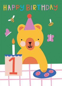Come and join in the teddy bear's picnic! With bold, arresting colours this card will grab the attention and all little ones recognise a teddy bear.