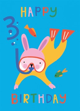 A diving bunny - whatever next? This attractive character is down among the fish and blowing some bubbles. Vibrant use of colour and imaginative design will be sure to captivate a child.