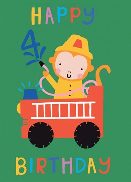 This monkey fire hero is sure to be a character that children will love. With the squirty hose and ladder, they are all set for a day's work.   A colourful, happy card to engage a child.