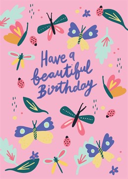 Featuring hand illustrated patterns created from beautiful flora and fauna, colourful butterflies, as well as modern brush lettering.   A beautiful card with a mix of deep tones and splashes of colour in the colour palette.