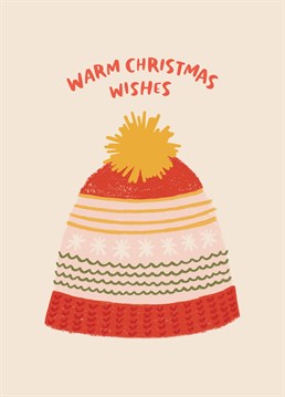 A cosy Christmas card featuring a patterned woolly bobble hat. Great for those who love wrapping up in winter.
