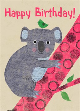 This cheerful koala is climbing a tree to get a better look at the birthday kid. A brilliant Rocket68 card for a small child.