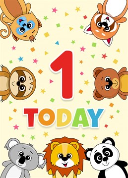 Colourful Birthday card to celebrate a special first birthday. Perfect for a baby boy or girl. A fun design featuring a collection of animals with a message of 1 Today.