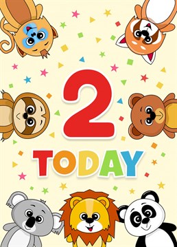 Colourful Birthday card to celebrate a special 2nd birthday. Perfect for a baby boy or girl. A fun design featuring a collection of animals with a message of 2 Today.