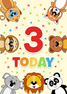 Colourful Birthday card to celebrate a special 3rd birthday. Perfect for a baby boy or girl. A fun design featuring a collection of animals with a message of 3 Today.