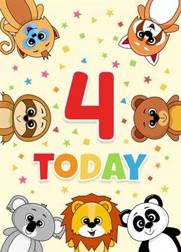 Colourful Birthday card to celebrate a special 4th birthday. Perfect for a baby boy or girl. A fun design featuring a collection of animals with a message of 4 Today.