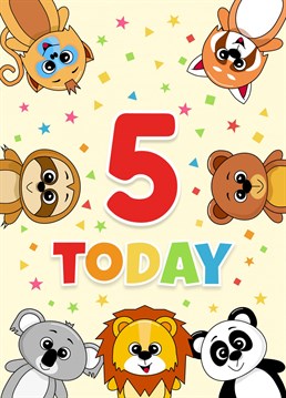 Colourful Birthday card to celebrate a special 5th birthday. Perfect for a baby boy or girl. A fun design featuring a collection of animals with a message of 5 Today.