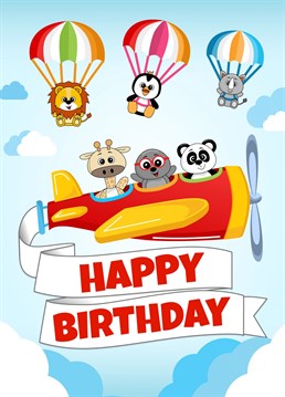 Colourful Birthday card to celebrate a special birthday. A fun design featuring a collection of animals flying a plane and parachuting