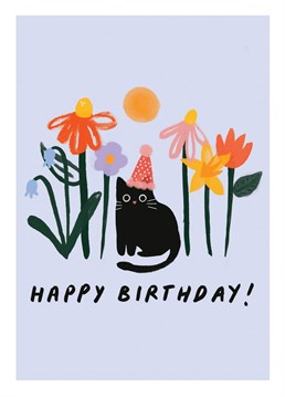 Wish your friends or family a happy birthday with this cute cat in a party hat card.