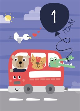 Wish a little one year old a wonderful first birthday with this cute and colourful personalised bus card by Ruth Roschatt Designs!