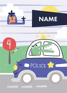 Wish a four year old a wonderful birthday with this cute and colourful personalised police car card by Ruth Roschatt Designs!