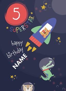 Wish a space fanatic five year old a wonderful birthday with this cute and colourful personalised rocket card by Ruth Roschatt Designs!