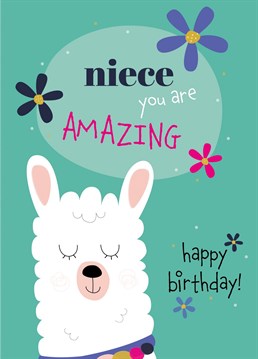 Let your niece know just how amazing she is on her birthday with this cute and colourful llama birthday card by ruth roschatt designs.