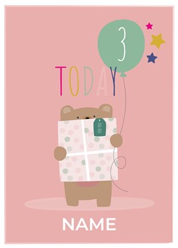 Congratulate a special three year old on their third birthday with this cute and personalised birthday bear card designed by ruth roschatt designs.