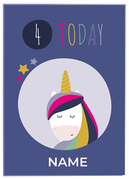Congratulate a special four year old on their fourth birthday with this cute and personalised unicorn birthday card designed by ruth roschatt designs.