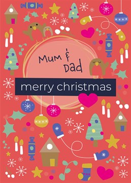 Wish a lovely Mum and Dad a wonderful christmas with this colourful festive christmas card by ruth roschatt designs.