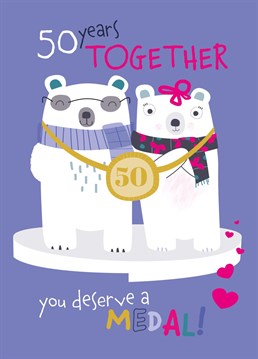 Congratulate a loved up pair for reaching 50 married years together with this cute and cheeky you deserve a medal anniversary card designed by ruth roschatt designs.
