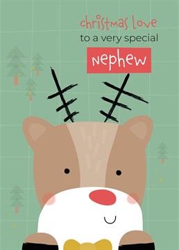 Wish a wonderful nephew a lovely christmas with this cute reindeer christmas card designed by ruth roschatt designs.