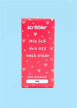 Indulge in some naughty, tasty fun with Let's Lick This Chocolate Bar! Designed by Scribbler for GNAW, this delicious treat is perfect for any occasion - from Valentine's Day to anniversaries.&nbsp;<br />
<br />
Ingredients: Sugar, cocoa butter, whole milk powder, cocoa mass, emulsifier (soya lecithin), flavouring (natural vanilla). Milk chocolate contains cocoa solids 34% min, milk solids 22% min.