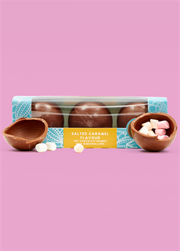 <p>Treat yourself or a fellow chocoholic to a decadent hot chocolate experience with these Salted Caramel Hot Chocolate Bombs.</p><p> Each one is crafted from premium Belgian milk chocolate complimented with the indulgent flavour of salted caramel, and filled with a generous helping of marshmallows for an added touch of sweetness. </p><p>To create a rich, creamy salted caramel-flavoured hot chocolate, put one hot chocolate bomb into your favourite mug, slowly pour steaming hot milk over the top, and watch as the chocolate melts away to reveal the fluffy marshmallows within</p><p>Ingredients: </p><p>Salted caramel chocolate (sugar, cocoa butter, whole MILK powder, skimmed MILK powder, cocoa mass, caramel powder, lactose (MILK), whey powder (MILK), salt, emulsifier: SOYA lecithin, flavourings), marshmallows (glucose-fructose syrup, sugar, dextrose, water, stabiliser: sorbitol, pork gelatine, maize starch, flavouring, colours: E100, E120, E162).For allergens, see ingredients in CAPITALS. May also contain cereals containing gluten (wheat), egg, sesame, nuts and peanuts.</p>