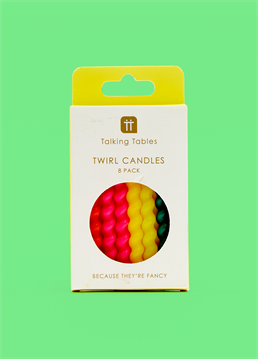 <p>These twirly candles brought to you by Talking Tables are sure to brighten any cake for Birthday celebrations. This pack contains eight colourful cake candles and holders.</p>