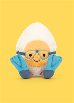 <p>This Jellycat Amuseables Boiled Egg Scuba is a hard-boiled explorer in cream and yellow fur. With embroidered goggles and blue suedette flippers, this smiling egg is ready to swim and snuggle!</p>