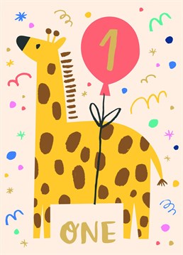 Giraffe Themed One Year Old Birthday Card - Designed for our Artist Series by Ashley Le Quere.     Blank inside allowing you to write your own message.    This Children's card is part of our Artist Series collection. The design features beautifully illustrated Giraffe in a playful way, finished with gold foil. This design is part of numbers 1-10 of illustrated animals.